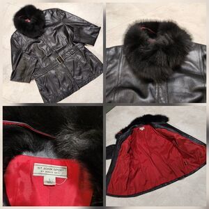 St Saint John Sport Marie Gray‎ Womens L Large Belted Leather Fur Collar Jacket